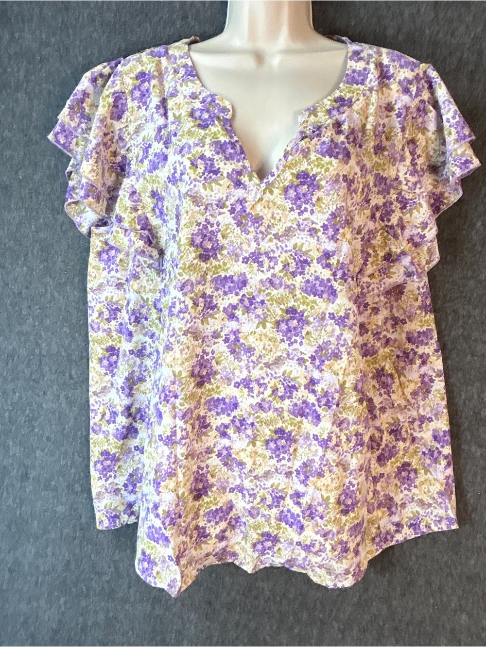 BloomChic Blouse Womens 14-16 Plus Purple Floral V-Neck Flutter Sleeve Tunic